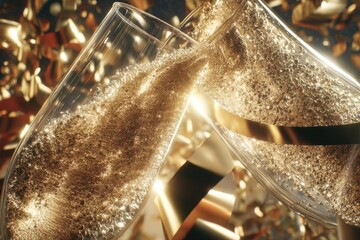 Elegant celebration with sparkling champagne glasses and golden confetti