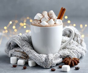 Warm and cozy winter drink with marshmallows and cinnamon in a white mug wrapped in a knit scarf