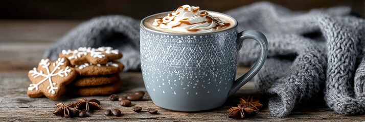 Cozy winter scene with a mug of hot cocoa and snowflake cookies on rustic wooden table
