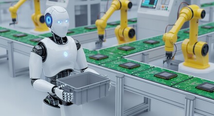 A humanoid robot with blue glowing eyes carries a gray crate next to a conveyor belt with circuit boards and robotic arms in a factory artificial intelligence AI automation manufacturing