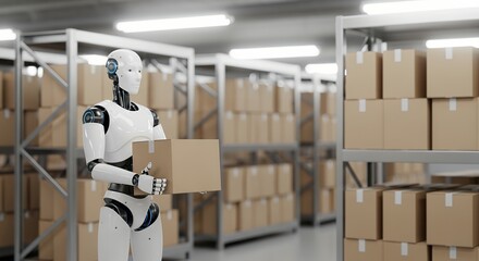 A white humanoid robot with blue accents is holding a brown cardboard box in a warehouse filled with stacked boxes on metal shelves under fluorescent lighting cargo logistics automation