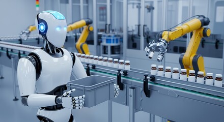 Humanoid robot holding container on conveyor belt with pharmaceutical bottles robotic arms working in automated factory automation manufacturing industry technology production machine