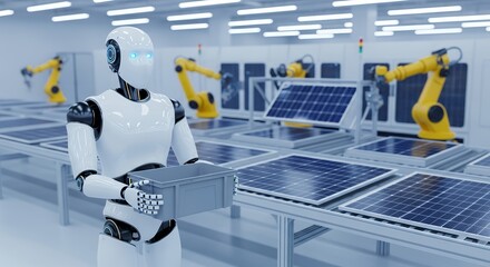 A humanoid robot with glowing blue eyes carries a grey crate while standing next to a solar panel production line with automated robotic arms assembling components in a clean industrial facility