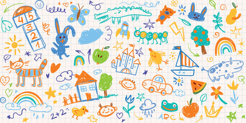 Colorful kids doodle set with animals, toys, rainbows and funny characters. Hand-drawn sketch illustration on notebook grid background for children design and decoration.