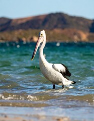 Pelican wading in shallow water