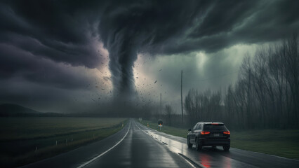 A car pauses on an empty highway while a tornado touches down on the horizon. Dangerous weather and driving conditions. Ominous storm.