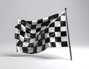 Photorealistic 3D rendering of a waving black and white checkered flag on a gold pole, set against a clean studio background.