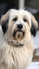 Portrait of a fluffy dog with a neutral expression