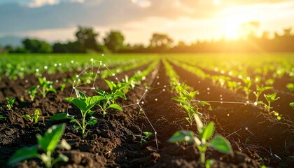A young green plant sprouting from fertile soil with glowing data graphics in a sunlit field, symbolizing smart agriculture.