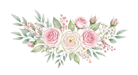 Soft pink and cream roses with green leaves and delicate berries arranged in an elegant floral border