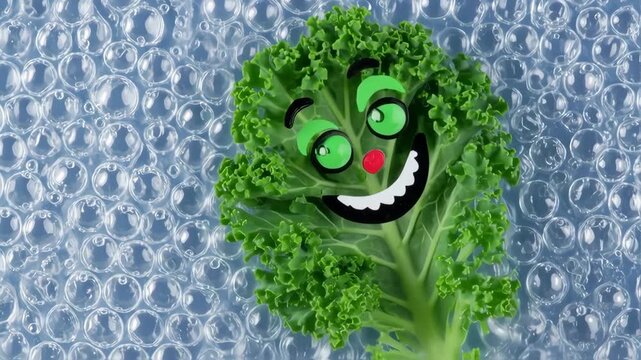Kale with a clown face on bubble wrap