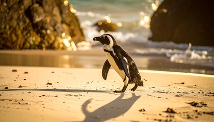 Penguin on beach at sunrise