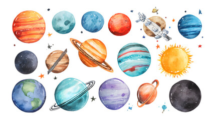 A colorful watercolor illustration of planets in the solar system, including Earth, Mars, Saturn with rings, and a spaceship, set against a starry white background © Pickoloh