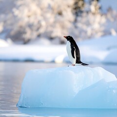 Penguin on ice floe in winter