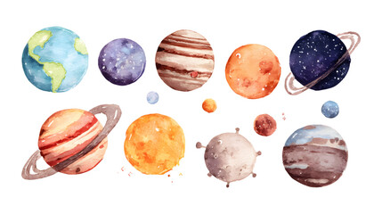 A colorful watercolor illustration of planets in the solar system, including Earth, Mars, Saturn with rings, and a spaceship, set against a starry white background © Pickoloh
