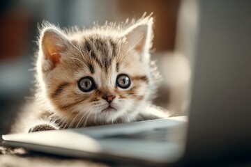 Curious kitten faces the screen: morning light moment. Kitten fear. Health data is now at your fingertips with smart monitoring. Kitten typing. High-tech health gear.