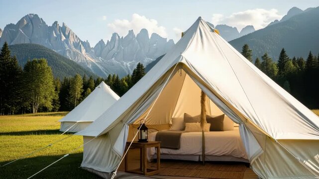 luxurious bell tent setup in lush green meadow offering cozy interior with bed pillows and lantern on side table Majestic sharp mountains and dense forests frame the scenic background
