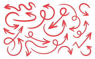 Hand-drawn red doodle arrows set. Collection of sketch arrows with curves, loops, and directions for infographic, note, navigation, and creative design elements.