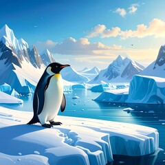 Penguin on ice floes, vibrant landscape