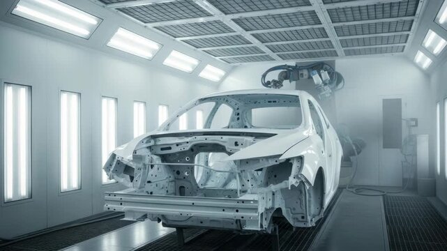 white vehicle body shell undergoes automated spray painting by robotic arm in bright industrial booth The unfinished frame rests on grated floor bathed in light from fluorescent fixtures amid fine mis