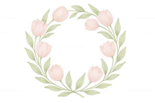 Watercolor tulip flower wreath with pink blooms and green leaves forming a circle frame on a transparent background