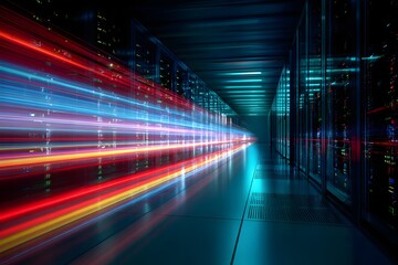 Fototapeta premium Futuristic glowing server room technology with motion blur and neon light streaks, bright digital data center