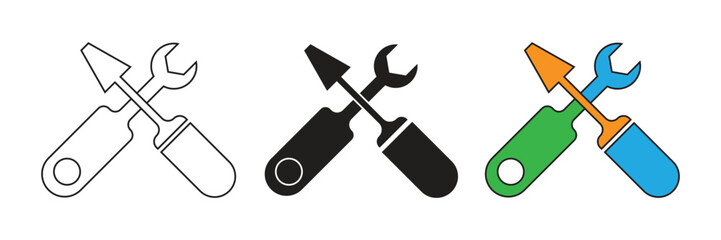 Vector icon set of screwdriver and wrench. Flat illustration of screwdriver and wrench.