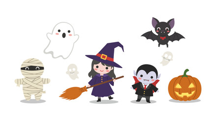 A delightful vector illustration set featuring cute Halloween characters for festive designs.