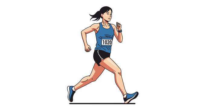 A dynamic vector illustration of a female athlete running in a race with a bib number.