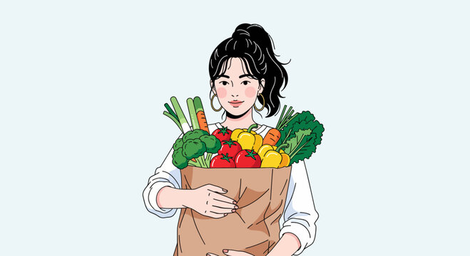 An illustrative vector graphic depicts a woman holding a brown paper bag brimming with fresh produce.