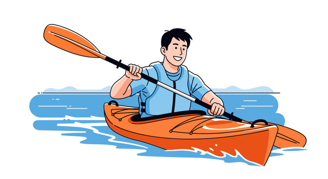Illustrative vector graphic of a man kayaking in an orange boat on calm blue water