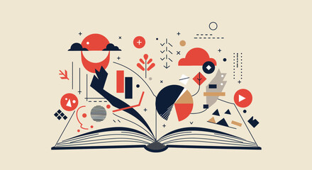 Stylized open book graphic with abstract elements, charts, and conceptual icons.