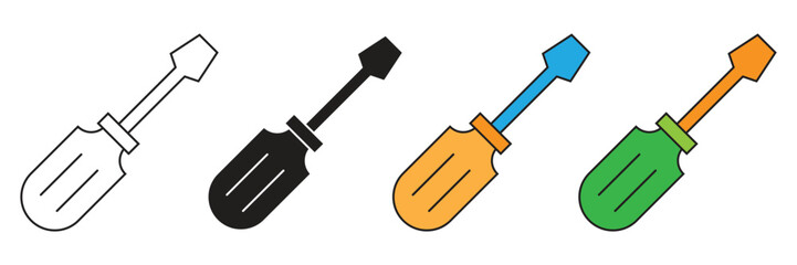 Vector icon set of screwdriver repair tools. Illustration of flat design icon of screwdriver repair tools.
