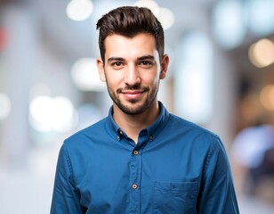 Portrait of a man in a blue shirt.  Smiling, looking at viewer