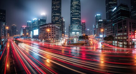 Dynamic Night Cityscape with Speeding Car Light Trails and Modern Skyscrapers