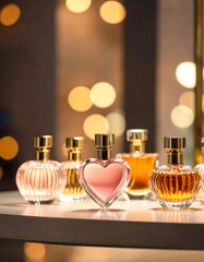 Perfume bottles arranged on a shelf.  Bokeh background