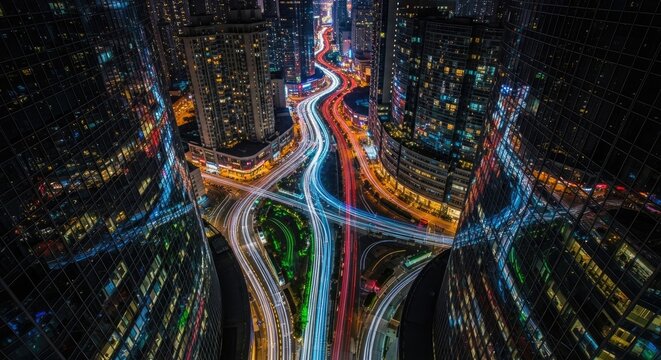 Vibrant Urban Nightscape: Modern City Intersection with Dynamic Light Trails from Elevated View