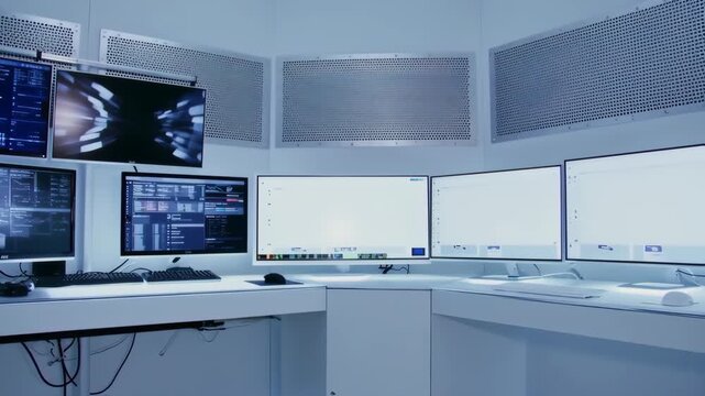 Multiple computer monitors, white desk, and ventilated walls in a modern control room