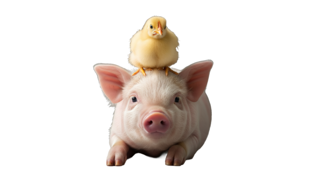 Piglet and Chick Together on Gray Background