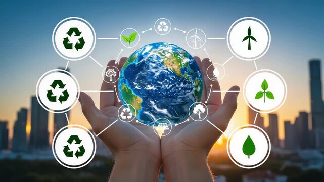 pair of hands gently cups vibrant Earth globe surrounded by interconnected icons sustainability leaves trees recycling wind turbines water and solar panels set against city sunset