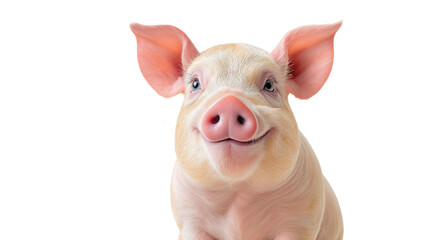 Smiling Pig Portrait with Pink Ears and Nose on White Background