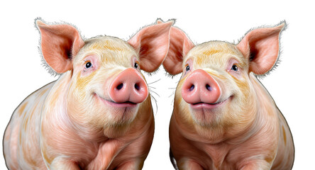 Smiling Pigs, Two Friendly Swine, Close Up on Face, Farm Animals, Studio Shot, Black Background