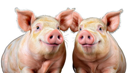 Smiling Pigs, Two Friendly Swine, Close Up on Face, Farm Animals, Studio Shot, Black Background