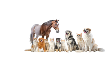 Studio Shot of a Variety of Animals, Including Cats, Dogs, and a Horse