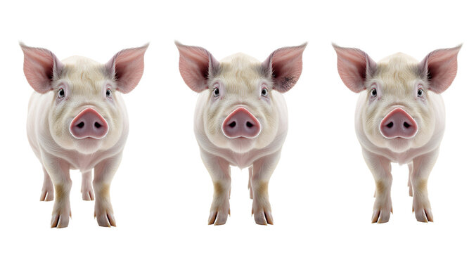 Three Adorable Piglets in a Row on a White Background