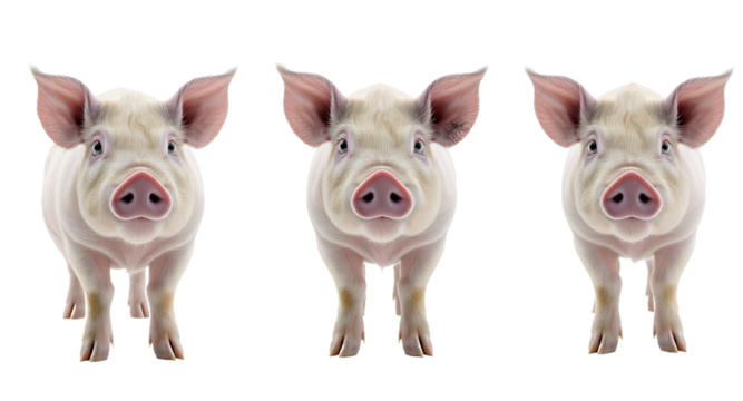 Three Adorable Piglets in a Row on a White Background