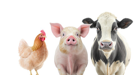 Three Farm Animals Standing Side by Side on a White Background