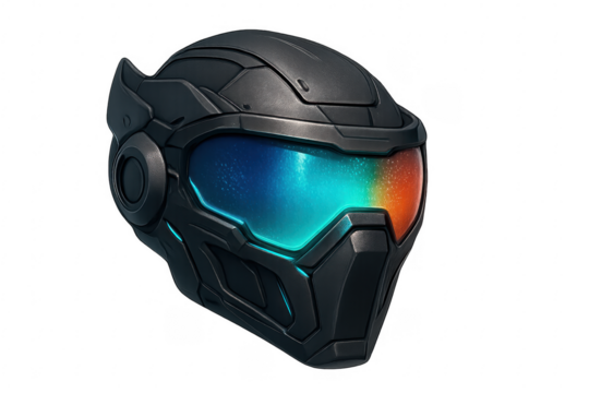 Futuristic sci-fi helmet with glowing visor and transparent background