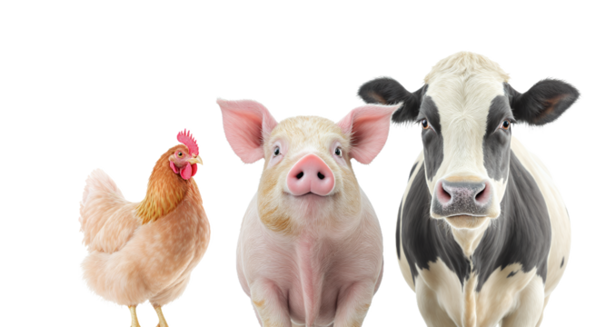 Three Farm Animals Standing Side by Side on a White Background