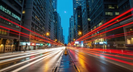 Fototapeta premium Dynamic Urban Cityscape at Night with Streaking Traffic Light Trails on Wet Road